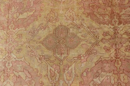 Antique Turkish Oushak rug with large floral motifs in creamy yellow, muted coral, Keivan Woven Arts / rug L11 - 0405 country of origin / type: Turkey / Oushak, circa Early - 20th century. This antique Turkish Oushak carpet features eight central large... - Keivan Woven ArtsL11 - 0405 - 2555Rug