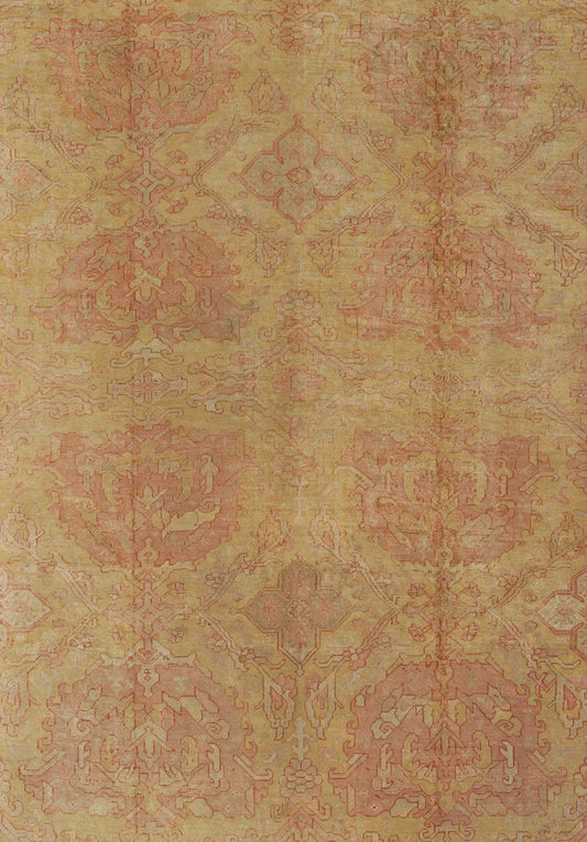 Antique Turkish Oushak rug with large floral motifs in creamy yellow, muted coral, Keivan Woven Arts / rug L11 - 0405 country of origin / type: Turkey / Oushak, circa Early - 20th century. This antique Turkish Oushak carpet features eight central large... - Keivan Woven ArtsL11 - 0405 - 2555Rug