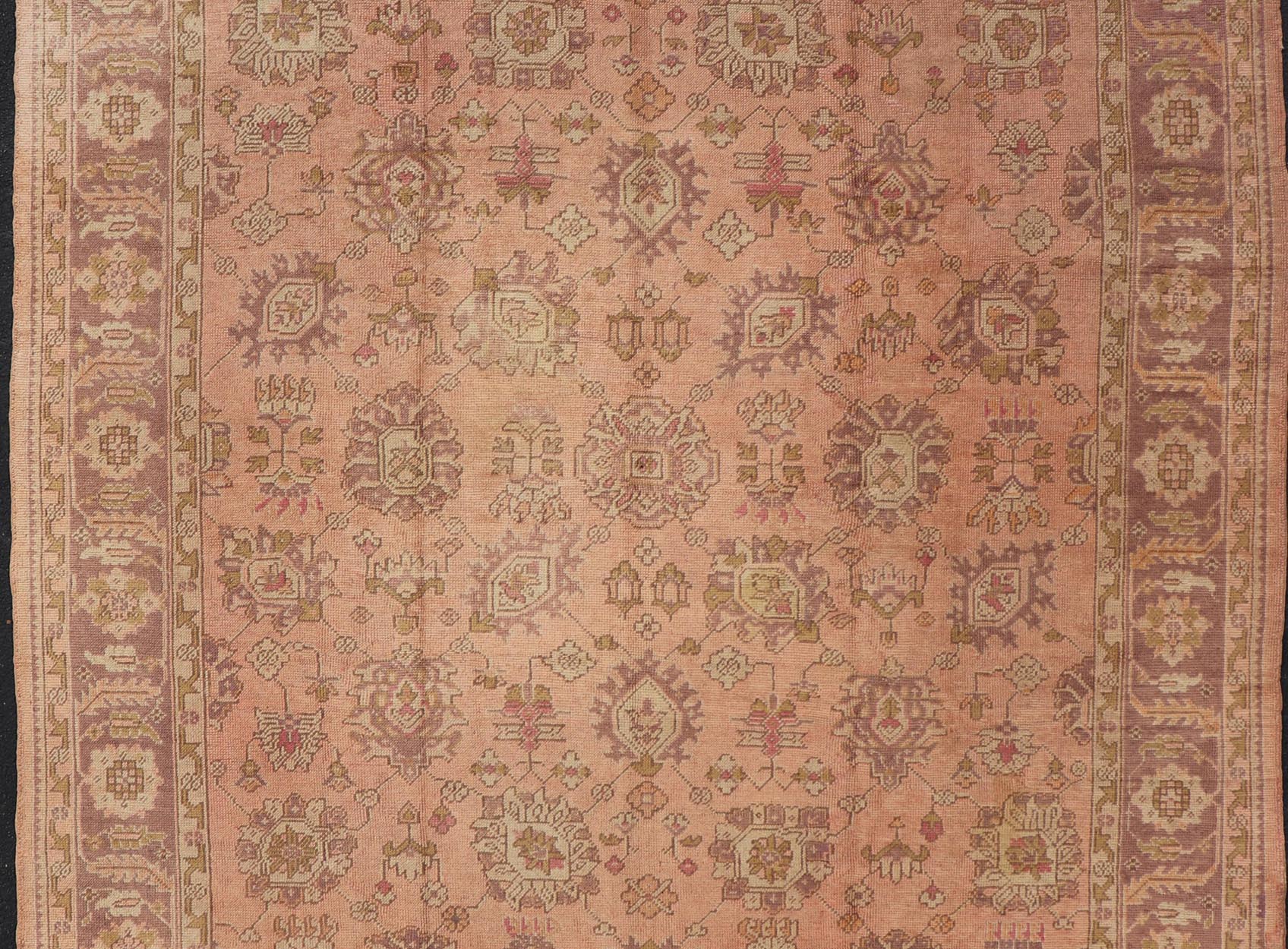 Antique Turkish Oushak Rug with Floral Motifs in Lavender, Coral - Pink, and Green. Keivan Woven Arts / rug L11 - 0406, country of origin / type: Turkey / Oushak, circa Early - 20th century Measures: 8'10 x 11'5. This unique Turkish Oushak carpet featu... - Keivan Woven ArtsL11 - 0406 - 2561Rug