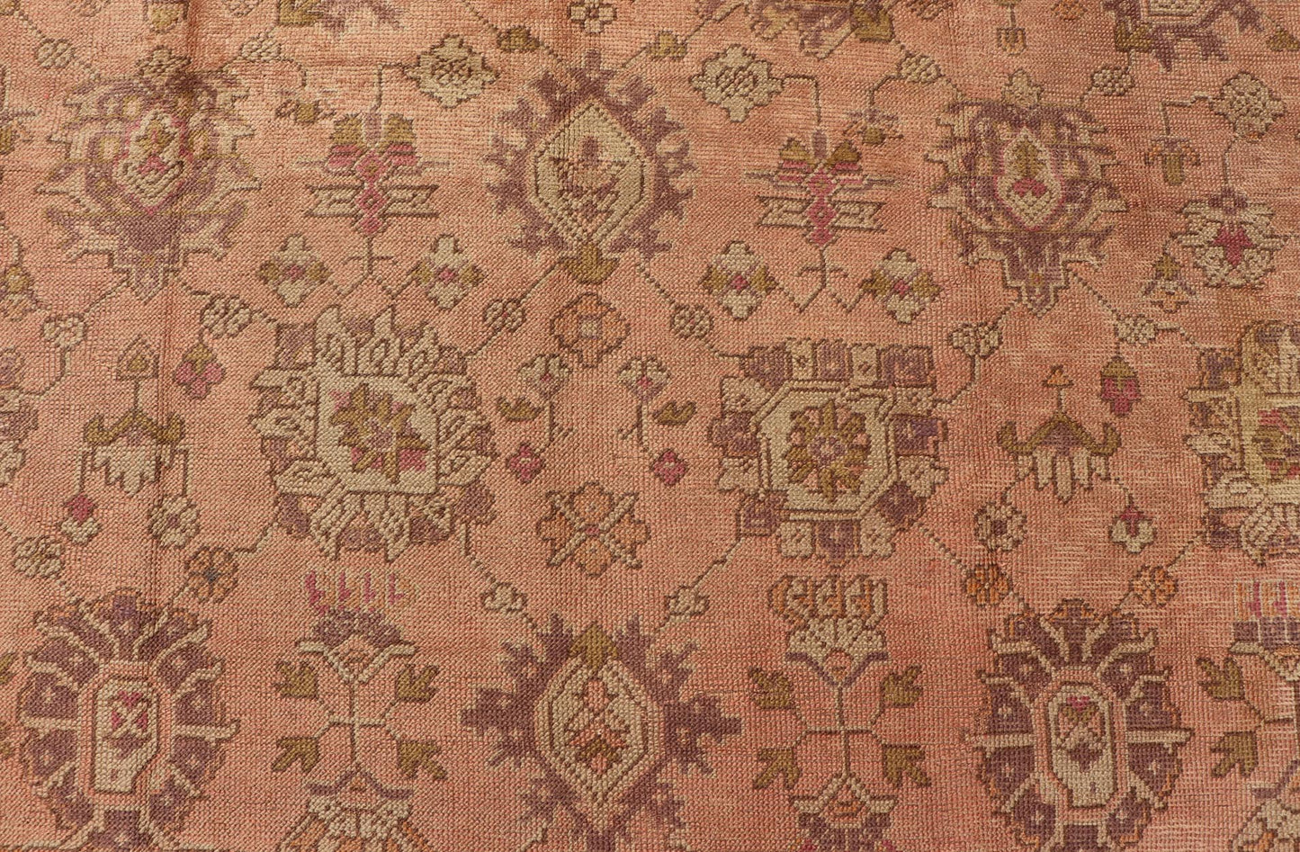 Antique Turkish Oushak Rug with Floral Motifs in Lavender, Coral - Pink, and Green. Keivan Woven Arts / rug L11 - 0406, country of origin / type: Turkey / Oushak, circa Early - 20th century Measures: 8'10 x 11'5. This unique Turkish Oushak carpet featu... - Keivan Woven ArtsL11 - 0406 - 2561Rug