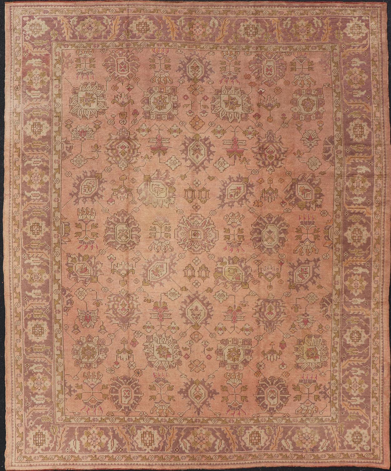 Antique Turkish Oushak Rug with Floral Motifs in Lavender, Coral - Pink, and Green. Keivan Woven Arts / rug L11 - 0406, country of origin / type: Turkey / Oushak, circa Early - 20th century Measures: 8'10 x 11'5. This unique Turkish Oushak carpet featu... - Keivan Woven ArtsL11 - 0406 - 2561Rug