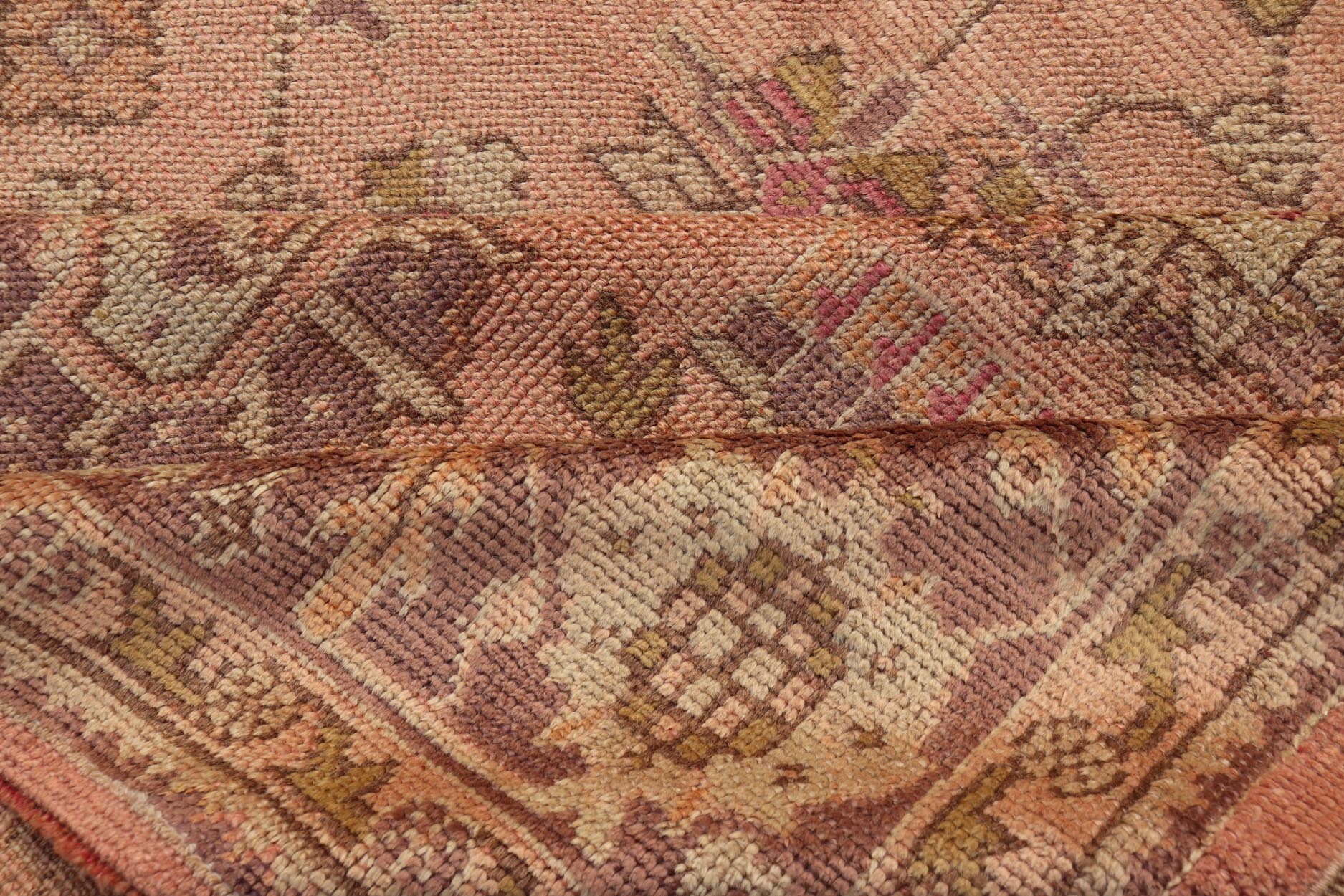 Antique Turkish Oushak Rug with Floral Motifs in Lavender, Coral - Pink, and Green. Keivan Woven Arts / rug L11 - 0406, country of origin / type: Turkey / Oushak, circa Early - 20th century Measures: 8'10 x 11'5. This unique Turkish Oushak carpet featu... - Keivan Woven ArtsL11 - 0406 - 2561Rug