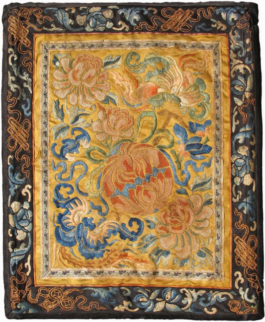 Antique Chinese Silk Tapestry with Flower in Gold and Black. Square - sized antique Small Chinese silk tapestry with flower in gold and black, Keivan Woven Arts/ rug /L11 - 0504, country of origin / type: China / Tapestry, circa 1850 Measures... - Keivan Woven ArtsL11 - 0504 - 2579Rug