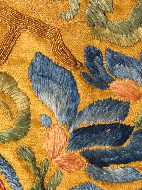 Antique Chinese Silk Tapestry with Flower in Gold and Black. Square - sized antique Small Chinese silk tapestry with flower in gold and black, Keivan Woven Arts/ rug /L11 - 0504, country of origin / type: China / Tapestry, circa 1850 Measures... - Keivan Woven ArtsL11 - 0504 - 2579Rug
