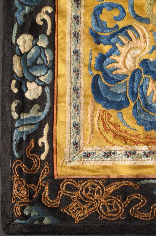 Antique Chinese Silk Tapestry with Flower in Gold and Black. Square - sized antique Small Chinese silk tapestry with flower in gold and black, Keivan Woven Arts/ rug /L11 - 0504, country of origin / type: China / Tapestry, circa 1850 Measures... - Keivan Woven ArtsL11 - 0504 - 2579Rug