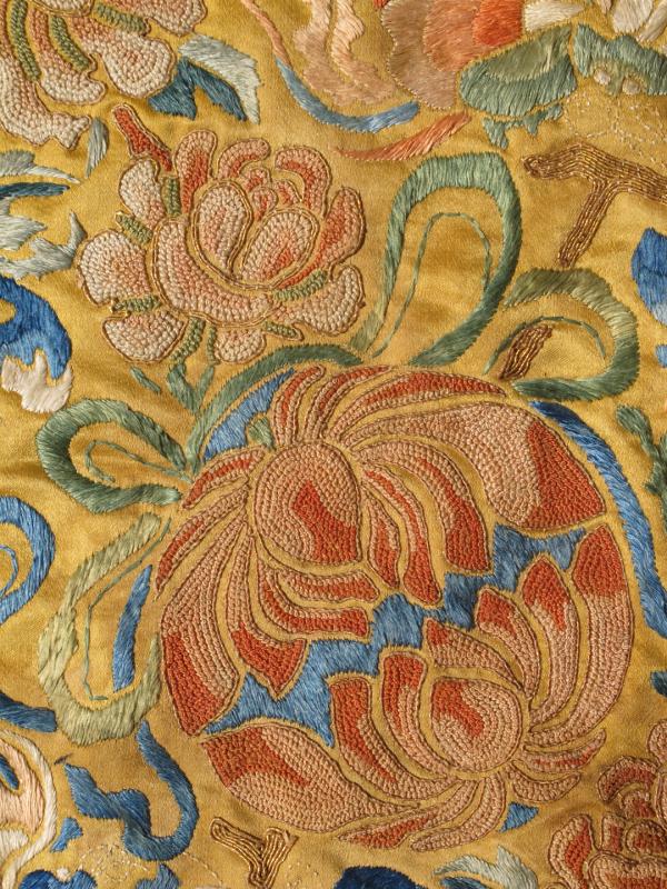 Antique Chinese Silk Tapestry with Flower in Gold and Black. Square - sized antique Small Chinese silk tapestry with flower in gold and black, Keivan Woven Arts/ rug /L11 - 0504, country of origin / type: China / Tapestry, circa 1850 Measures... - Keivan Woven ArtsL11 - 0504 - 2579Rug