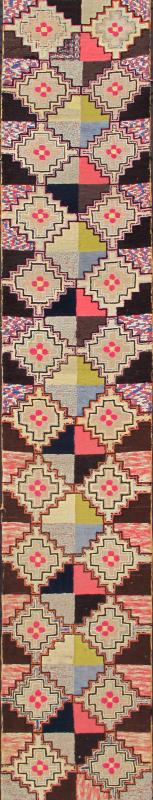 Long Antique American Hooked Rug with Diamond Patchwork Geometric Design Antique American Hooked rug with diamond patchwork geometric leaf design, rug L11 - 0505, country of origin / type: United States / Hooked, circa 1910 Ingenious in sty... - Keivan Woven ArtsL11 - 0505 - 60Rug