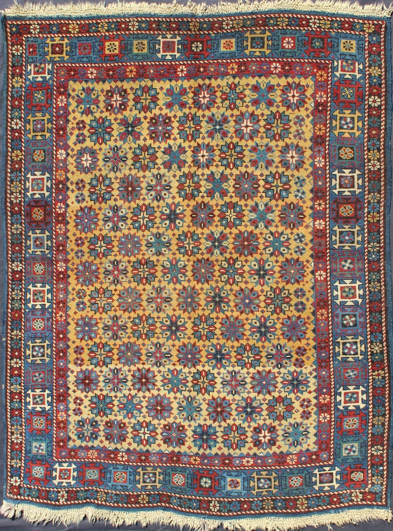 Rare Antique Caucasian Shirvan Rug in Yellow Background and Blue Border Keivan Woven Arts - Antique Caucasian Shirvan Rug in Yellow Background Rug #L11 - 0603, Antique Caucasian, Antique Shirvan, An important late 19th Century Shirvan rug... - Keivan Woven ArtsL11 - 0603 - 2593Rug