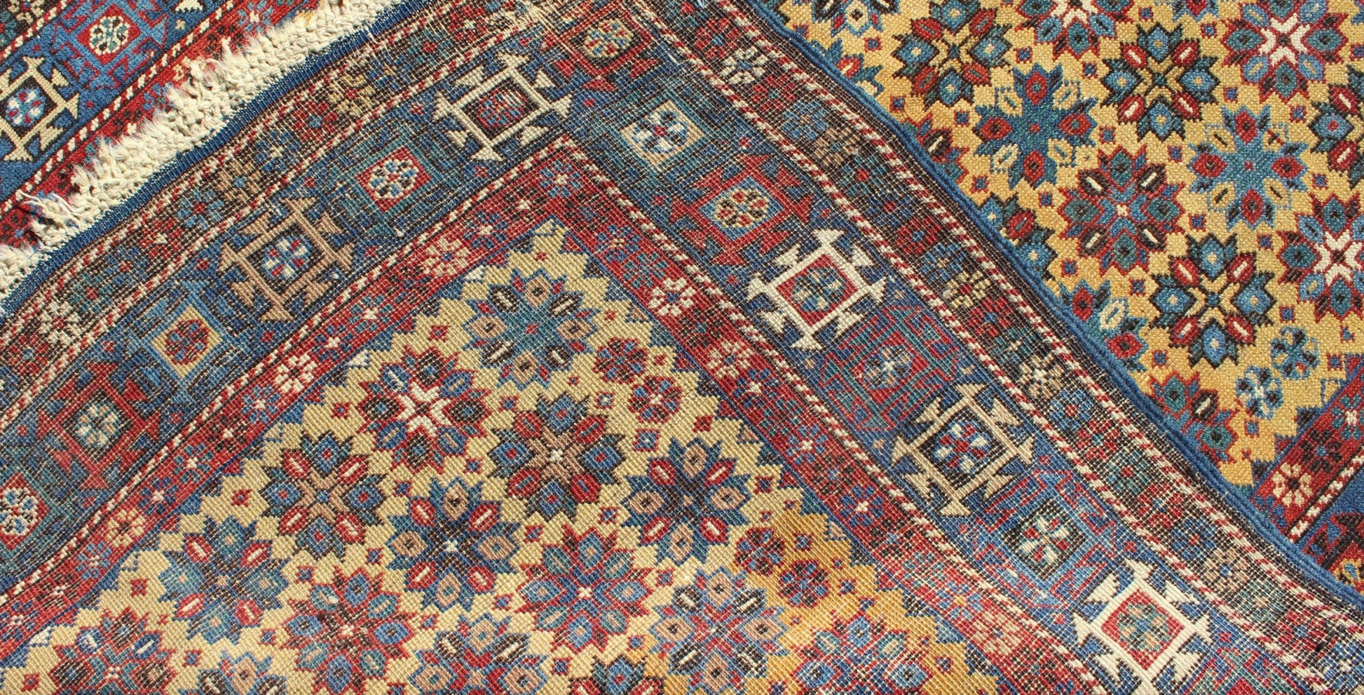 Rare Antique Caucasian Shirvan Rug in Yellow Background and Blue Border Keivan Woven Arts - Antique Caucasian Shirvan Rug in Yellow Background Rug #L11 - 0603, Antique Caucasian, Antique Shirvan, An important late 19th Century Shirvan rug... - Keivan Woven ArtsL11 - 0603 - 2593Rug