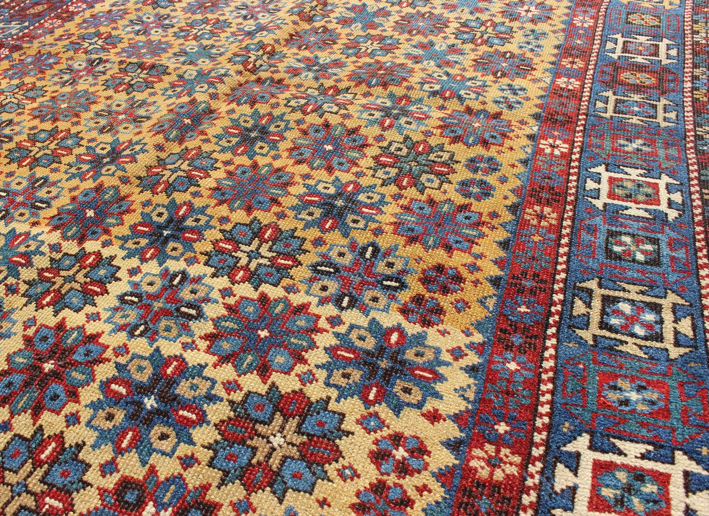 Rare Antique Caucasian Shirvan Rug in Yellow Background and Blue Border Keivan Woven Arts - Antique Caucasian Shirvan Rug in Yellow Background Rug #L11 - 0603, Antique Caucasian, Antique Shirvan, An important late 19th Century Shirvan rug... - Keivan Woven ArtsL11 - 0603 - 2593Rug