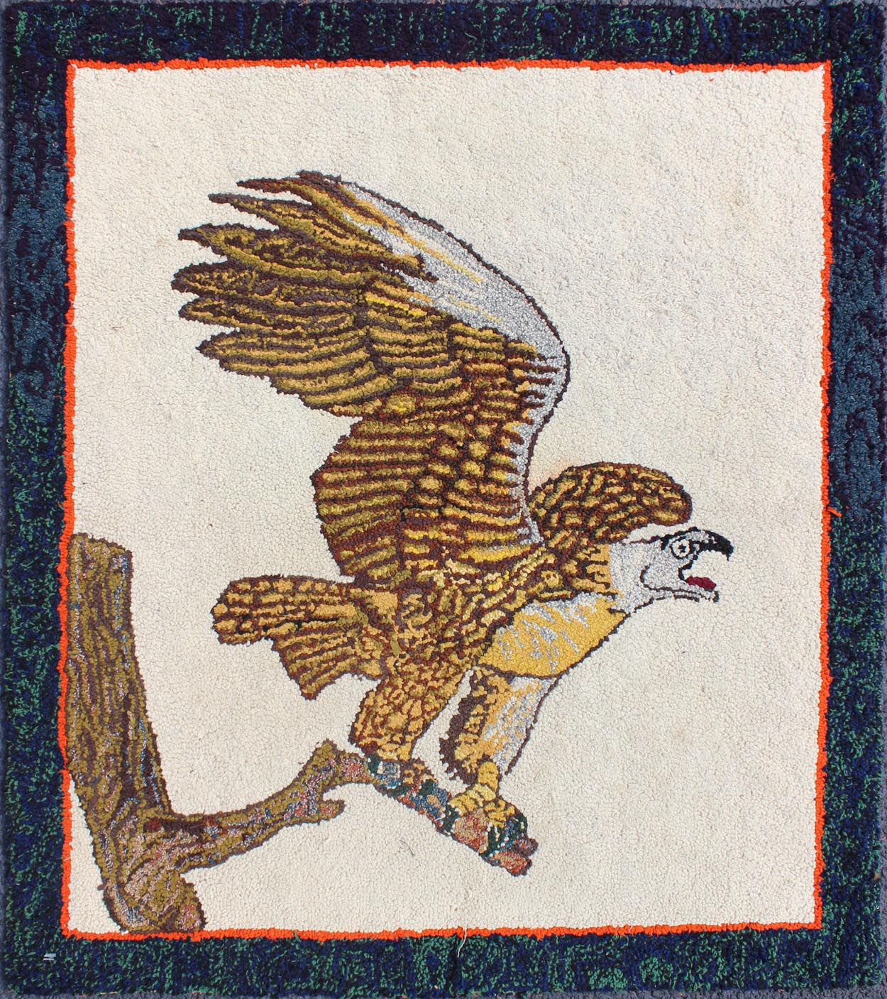 Creams and Gold, tan antique American hooked rug with a bald eagle on a tree , Keivan Woven Arts / rug J10 - 1201, country of origin / type: United States / Hooked, circa 1950 This colorful American hooked rug depicts a American Bald Eagle before ... - Keivan Woven ArtsL11 - 0604 - 2599Rug