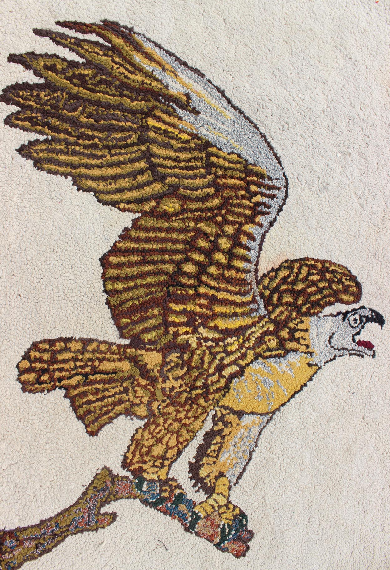 Creams and Gold, tan antique American hooked rug with a bald eagle on a tree , Keivan Woven Arts / rug J10 - 1201, country of origin / type: United States / Hooked, circa 1950 This colorful American hooked rug depicts a American Bald Eagle before ... - Keivan Woven ArtsL11 - 0604 - 2599Rug