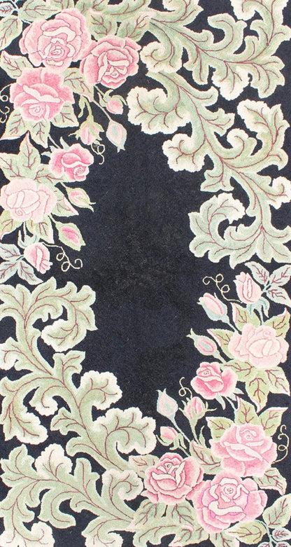 Vintage American Hooked Rug with Large Floral Design on a Black Background. American hooked rug in black background. This beautiful antique American Hook rug sets on black background with large floral medallion. American hooked rug , rug/L11 - 06... - Keivan Woven ArtsL11 - 0605 - 2603Rug