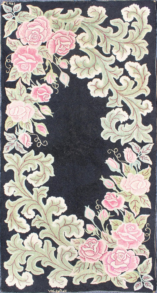 Vintage American Hooked Rug with Large Floral Design on a Black Background. American hooked rug in black background. This beautiful antique American Hook rug sets on black background with large floral medallion. American hooked rug , rug/L11 - 06... - Keivan Woven ArtsL11 - 0605 - 2603Rug