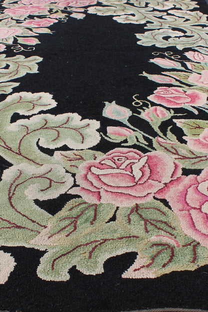 Vintage American Hooked Rug with Large Floral Design on a Black Background. American hooked rug in black background. This beautiful antique American Hook rug sets on black background with large floral medallion. American hooked rug , rug/L11 - 06... - Keivan Woven ArtsL11 - 0605 - 2603Rug
