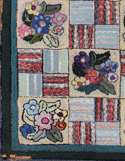 Checkerboard Vintage American Hooked Rug with Geometric and Floral Designs Checkerboard vintage American hooked rug with floral designs, Keivan Woven Arts / rug L11 - 0606, country of origin / type: United States / Hooked, circa 1930 Ingeni... - Keivan Woven ArtsL11 - 0606 - 2607Rug