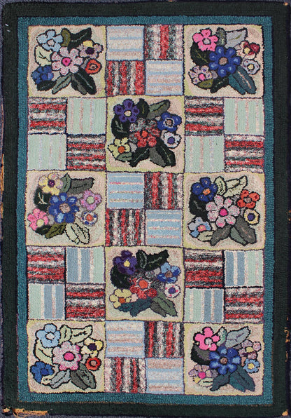Checkerboard Vintage American Hooked Rug with Geometric and Floral Designs Checkerboard vintage American hooked rug with floral designs, Keivan Woven Arts / rug L11 - 0606, country of origin / type: United States / Hooked, circa 1930 Ingeni... - Keivan Woven ArtsL11 - 0606 - 2607Rug