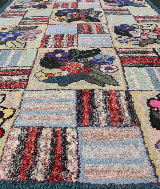 Checkerboard Vintage American Hooked Rug with Geometric and Floral Designs Checkerboard vintage American hooked rug with floral designs, Keivan Woven Arts / rug L11 - 0606, country of origin / type: United States / Hooked, circa 1930 Ingeni... - Keivan Woven ArtsL11 - 0606 - 2607Rug