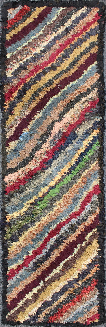 Antique American Hooked Runner with Diagonal Stripes in Multi Colors. Antique American Hooked runner with Diagonal Stripes geometric design, rug L11 - 0801, country of origin / type: United States / Hooked, circa 1920 Ingenious in style, c... - Keivan Woven ArtsL11 - 0801 - 2659Rug
