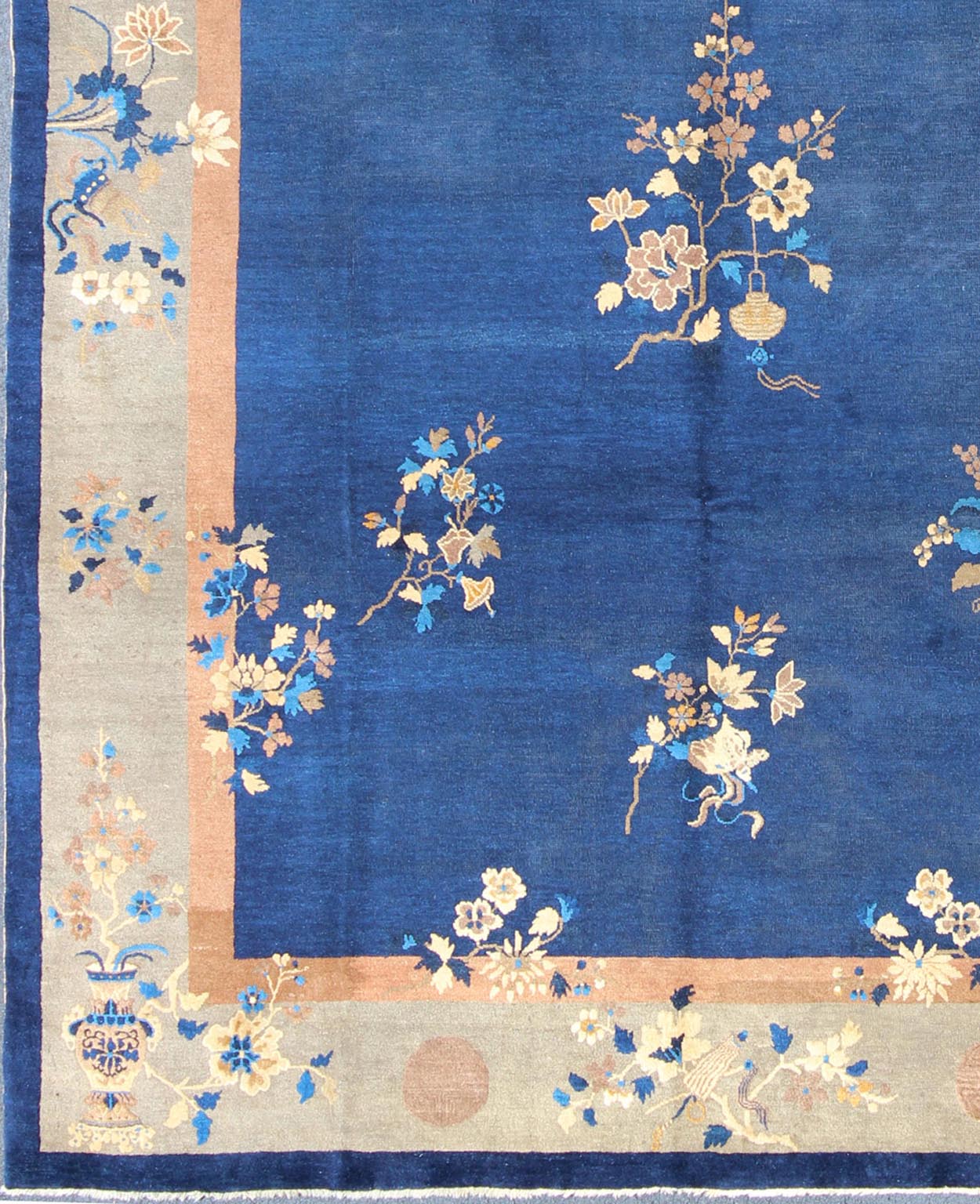 Navy Blue and Tan Antique Chinese Art Deco Rug with Flowers and Vases, Keivan Woven Arts / rug l11 - 0805, country of origin / type: China / Art Deco, circa 1920 Handwoven in the first part of 20th Century, this antique Chinese rug features a navy... - Keivan Woven ArtsL11 - 0805 - 2663Rug