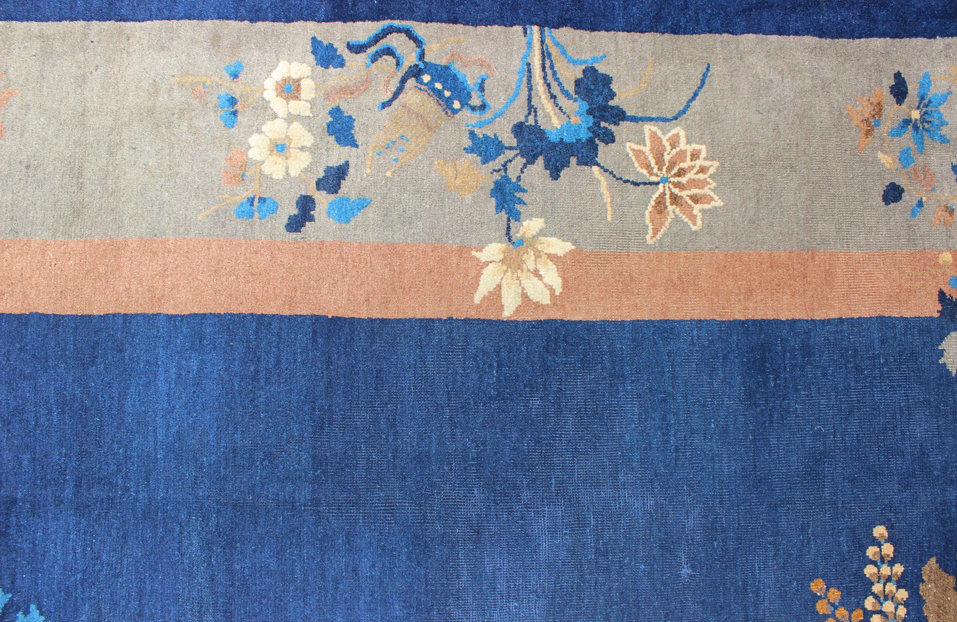Navy Blue and Tan Antique Chinese Art Deco Rug with Flowers and Vases, Keivan Woven Arts / rug l11 - 0805, country of origin / type: China / Art Deco, circa 1920 Handwoven in the first part of 20th Century, this antique Chinese rug features a navy... - Keivan Woven ArtsL11 - 0805 - 2663Rug