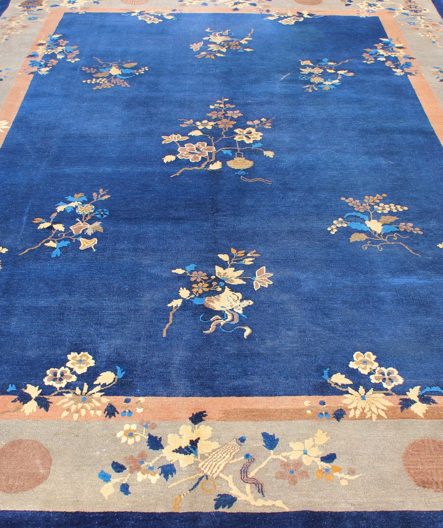 Navy Blue and Tan Antique Chinese Art Deco Rug with Flowers and Vases, Keivan Woven Arts / rug l11 - 0805, country of origin / type: China / Art Deco, circa 1920 Handwoven in the first part of 20th Century, this antique Chinese rug features a navy... - Keivan Woven ArtsL11 - 0805 - 2663Rug
