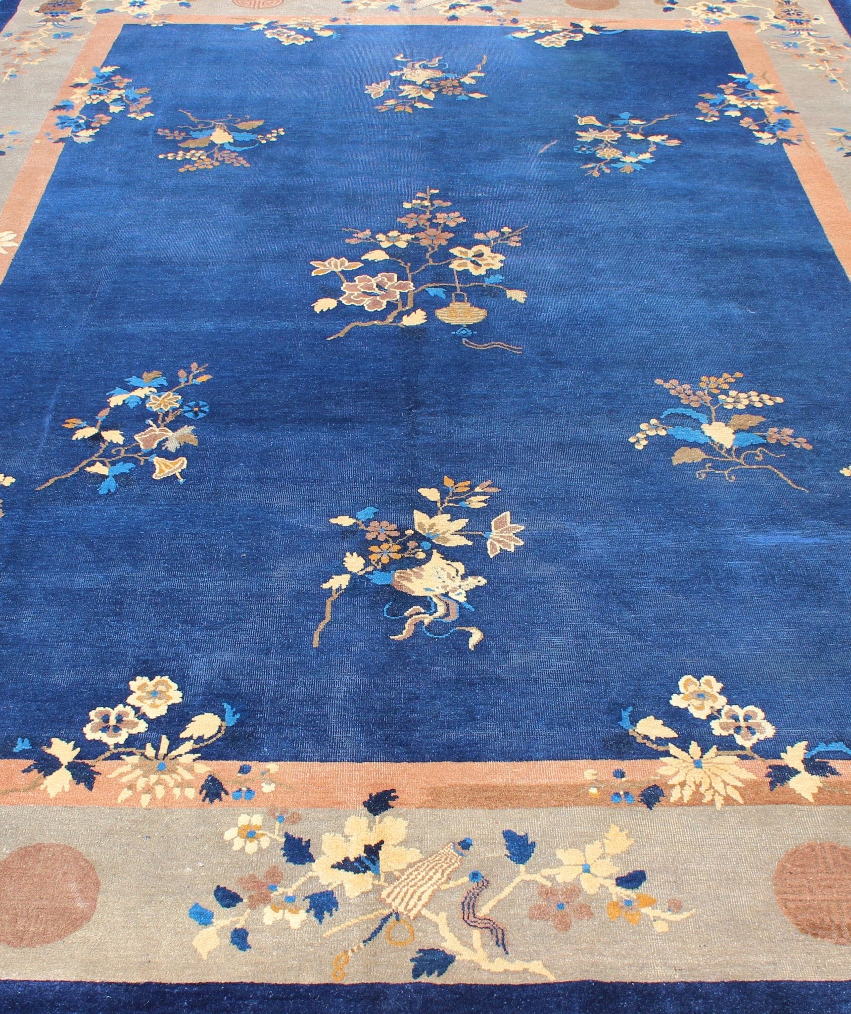 Navy Blue and Tan Antique Chinese Art Deco Rug with Flowers and Vases, Keivan Woven Arts / rug l11 - 0805, country of origin / type: China / Art Deco, circa 1920 Handwoven in the first part of 20th Century, this antique Chinese rug features a navy... - Keivan Woven ArtsL11 - 0805 - 2663Rug