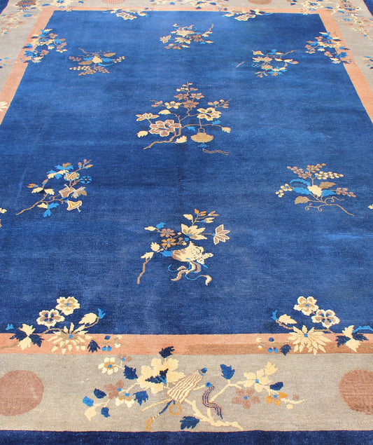 Navy Blue and Tan Antique Chinese Art Deco Rug with Flowers and Vases, Keivan Woven Arts / rug l11 - 0805, country of origin / type: China / Art Deco, circa 1920 Handwoven in the first part of 20th Century, this antique Chinese rug features a navy... - Keivan Woven ArtsL11 - 0805 - 2663Rug
