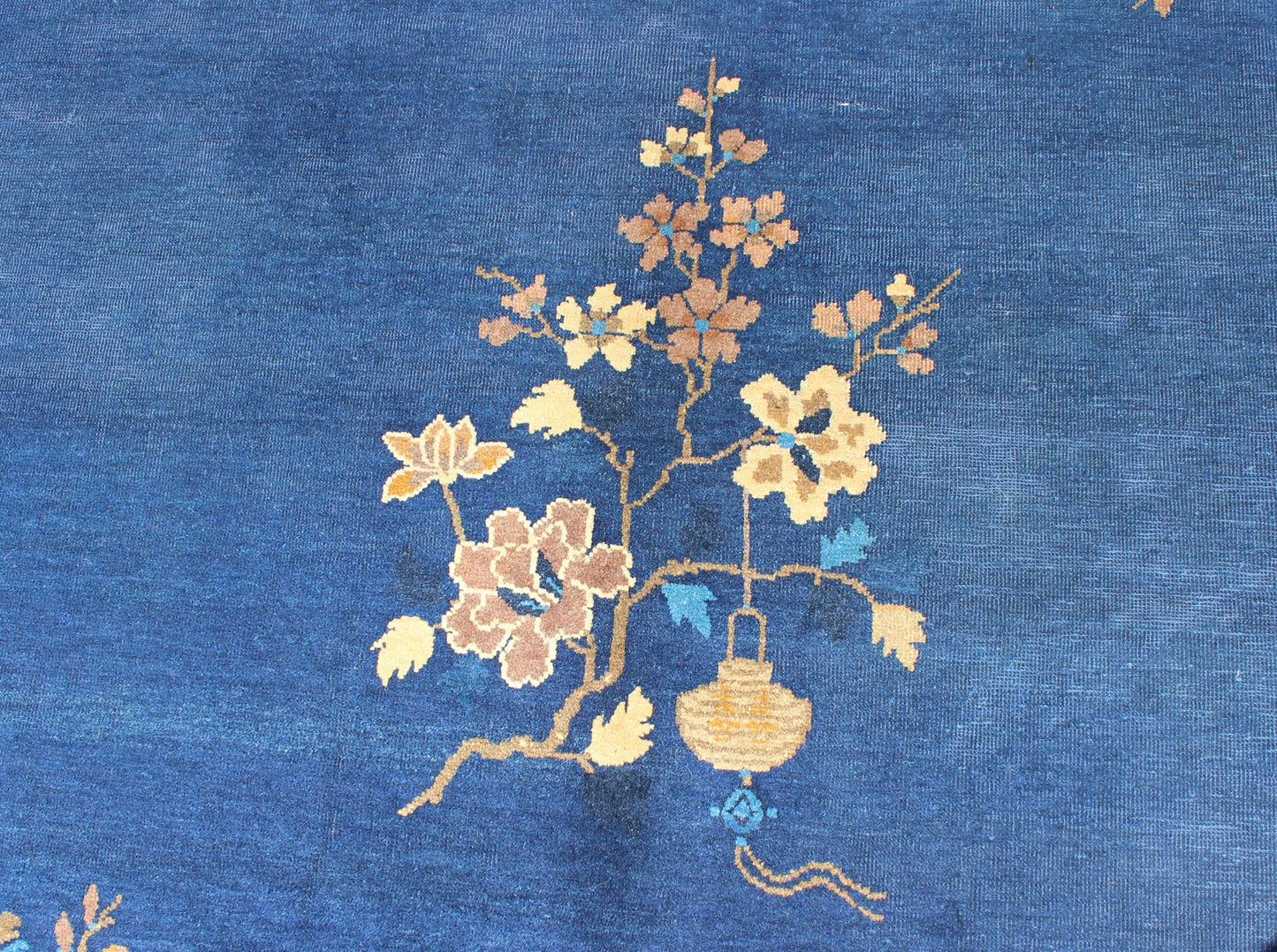 Navy Blue and Tan Antique Chinese Art Deco Rug with Flowers and Vases, Keivan Woven Arts / rug l11 - 0805, country of origin / type: China / Art Deco, circa 1920 Handwoven in the first part of 20th Century, this antique Chinese rug features a navy... - Keivan Woven ArtsL11 - 0805 - 2663Rug
