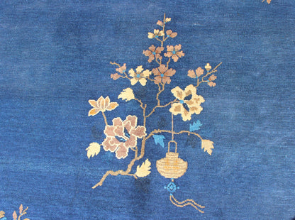 Navy Blue and Tan Antique Chinese Art Deco Rug with Flowers and Vases, Keivan Woven Arts / rug l11 - 0805, country of origin / type: China / Art Deco, circa 1920 Handwoven in the first part of 20th Century, this antique Chinese rug features a navy... - Keivan Woven ArtsL11 - 0805 - 2663Rug