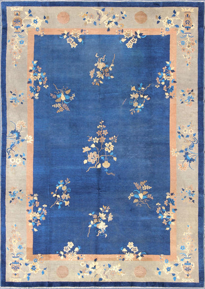 Navy Blue and Tan Antique Chinese Art Deco Rug with Flowers and Vases, Keivan Woven Arts / rug l11 - 0805, country of origin / type: China / Art Deco, circa 1920 Handwoven in the first part of 20th Century, this antique Chinese rug features a navy... - Keivan Woven ArtsL11 - 0805 - 2663Rug
