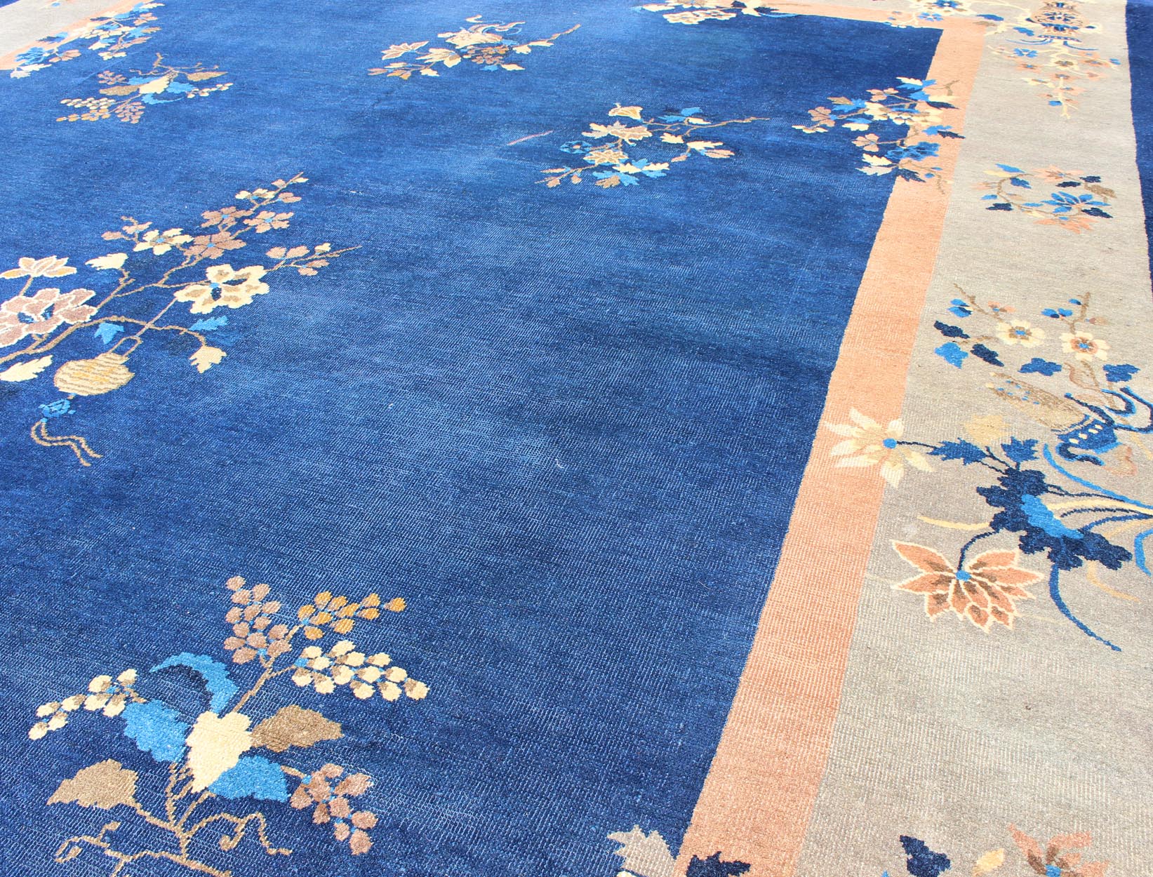 Navy Blue and Tan Antique Chinese Art Deco Rug with Flowers and Vases, Keivan Woven Arts / rug l11 - 0805, country of origin / type: China / Art Deco, circa 1920 Handwoven in the first part of 20th Century, this antique Chinese rug features a navy... - Keivan Woven ArtsL11 - 0805 - 2663Rug