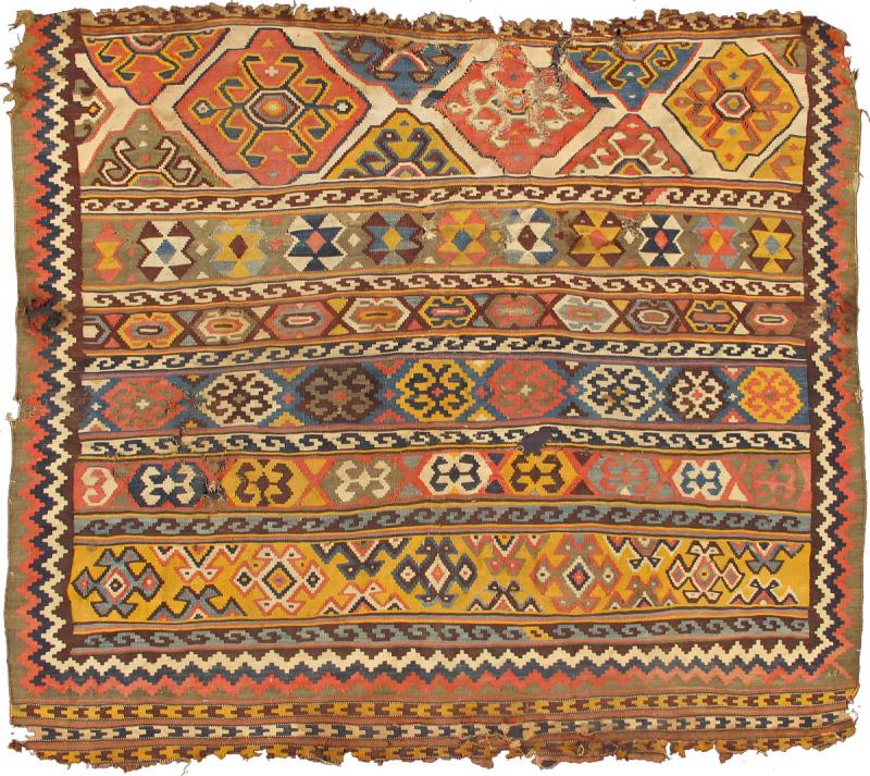 Keivan woven Arts Rug Number L11 - 0808 4'5 x 4'10 Antique Persian Kilim Fragment, from late 18th century, Perhaps Southern or western Persia. - Keivan Woven ArtsL11 - 0808 - 2669Rug