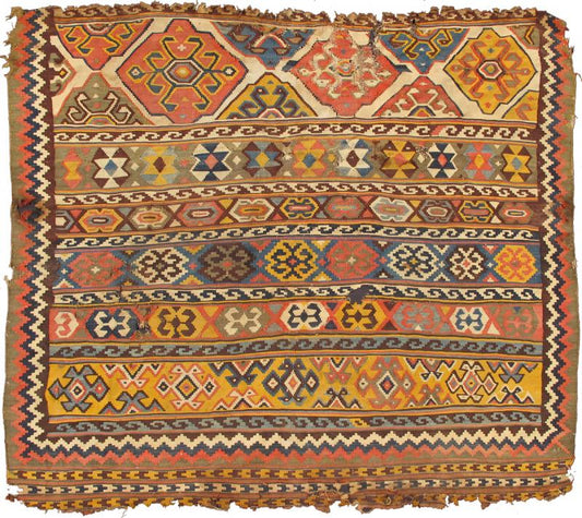 Keivan woven Arts Rug Number L11 - 0808 4'5 x 4'10 Antique Persian Kilim Fragment, from late 18th century, Perhaps Southern or western Persia. - Keivan Woven ArtsL11 - 0808 - 2669Rug