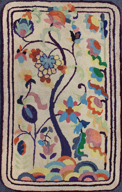Colorful vintage American hooked rug with branching rainbow - colored flowers, Keivan Woven Arts / rug L11 - 0902, country of origin / type: United States / Hooked, circa 1930 This colorful vintage American Hooked rug depicts a variety of vining flo... - Keivan Woven ArtsL11 - 0902 - 2673Rug