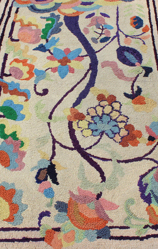 Colorful vintage American hooked rug with branching rainbow - colored flowers, Keivan Woven Arts / rug L11 - 0902, country of origin / type: United States / Hooked, circa 1930 This colorful vintage American Hooked rug depicts a variety of vining flo... - Keivan Woven ArtsL11 - 0902 - 2673Rug