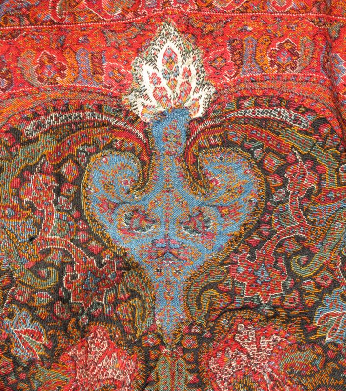 Keivan Woven Arts - Antique Handmade Paisley Textile Shawl in Red and Brilliant Border. 19th Century Antique Indian Hand made Paisley Textile Shawl with Brilliant Colors , rug/ L11 - 0907, Country of Origin Indian Hand made Paisley. Measure: 5... - Keivan Woven ArtsL11 - 0907 - 2685Rug