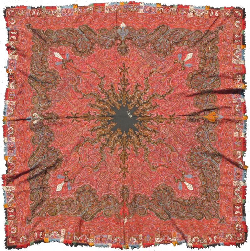 Keivan Woven Arts - Antique Handmade Paisley Textile Shawl in Red and Brilliant Border. 19th Century Antique Indian Hand made Paisley Textile Shawl with Brilliant Colors , rug/ L11 - 0907, Country of Origin Indian Hand made Paisley. Measure: 5... - Keivan Woven ArtsL11 - 0907 - 2685Rug
