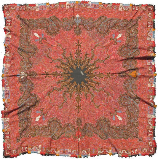 Keivan Woven Arts - Antique Handmade Paisley Textile Shawl in Red and Brilliant Border. 19th Century Antique Indian Hand made Paisley Textile Shawl with Brilliant Colors , rug/ L11 - 0907, Country of Origin Indian Hand made Paisley. Measure: 5... - Keivan Woven ArtsL11 - 0907 - 2685Rug