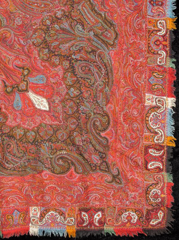 Keivan Woven Arts - Antique Handmade Paisley Textile Shawl in Red and Brilliant Border. 19th Century Antique Indian Hand made Paisley Textile Shawl with Brilliant Colors , rug/ L11 - 0907, Country of Origin Indian Hand made Paisley. Measure: 5... - Keivan Woven ArtsL11 - 0907 - 2685Rug