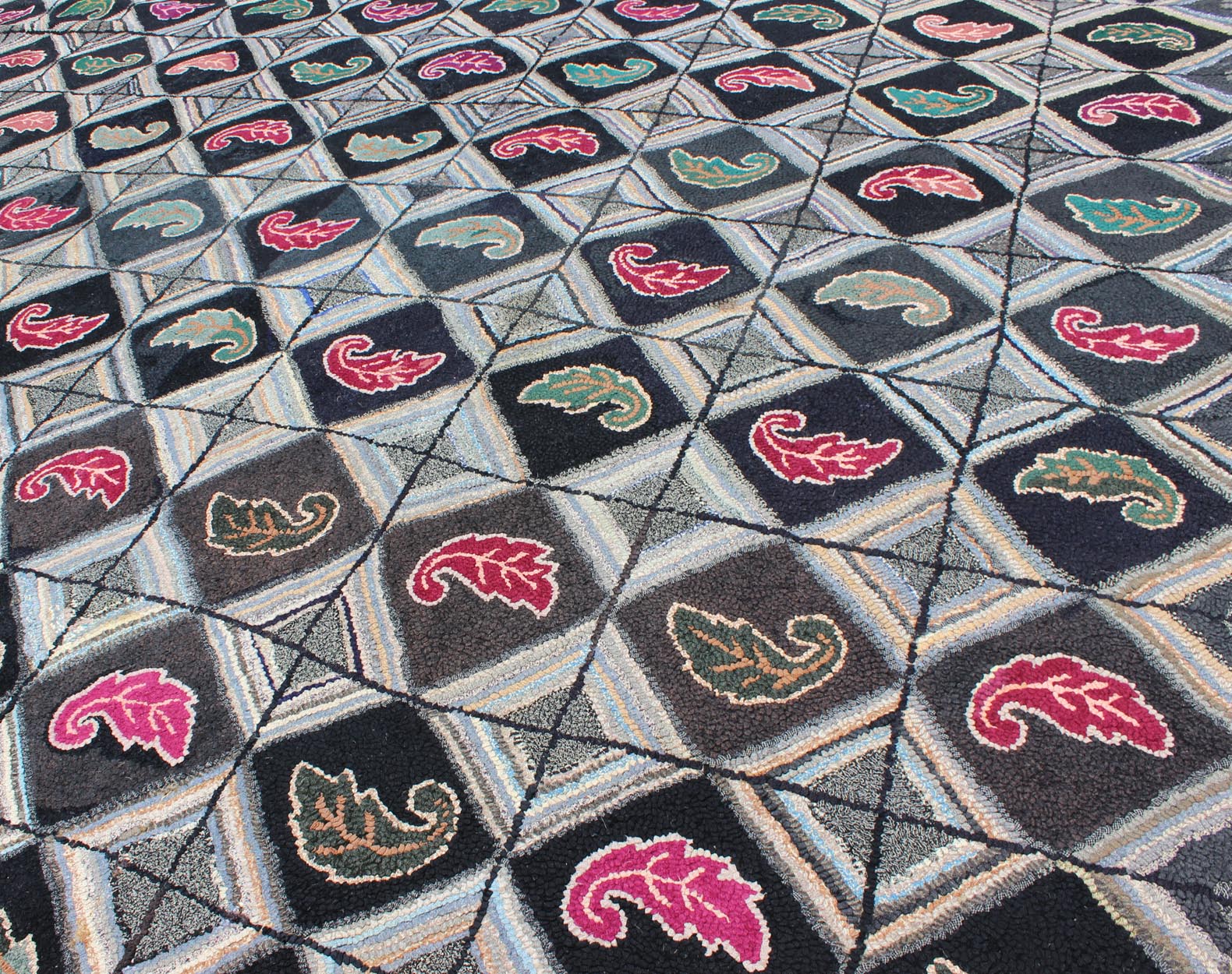 Antique American Hooked rug with diamond patchwork geometric leaf design, rug l11 - 1101, country of origin / type: United States / Hooked, circa 1910 Ingenious in style, color and composition, the features in this spectacular, antique American Ho... - Keivan Woven ArtsL11 - 1101 - 2967Rug