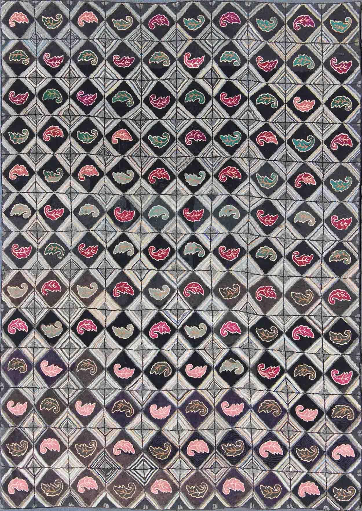 Antique American Hooked rug with diamond patchwork geometric leaf design, rug l11 - 1101, country of origin / type: United States / Hooked, circa 1910 Ingenious in style, color and composition, the features in this spectacular, antique American Ho... - Keivan Woven ArtsL11 - 1101 - 2967Rug