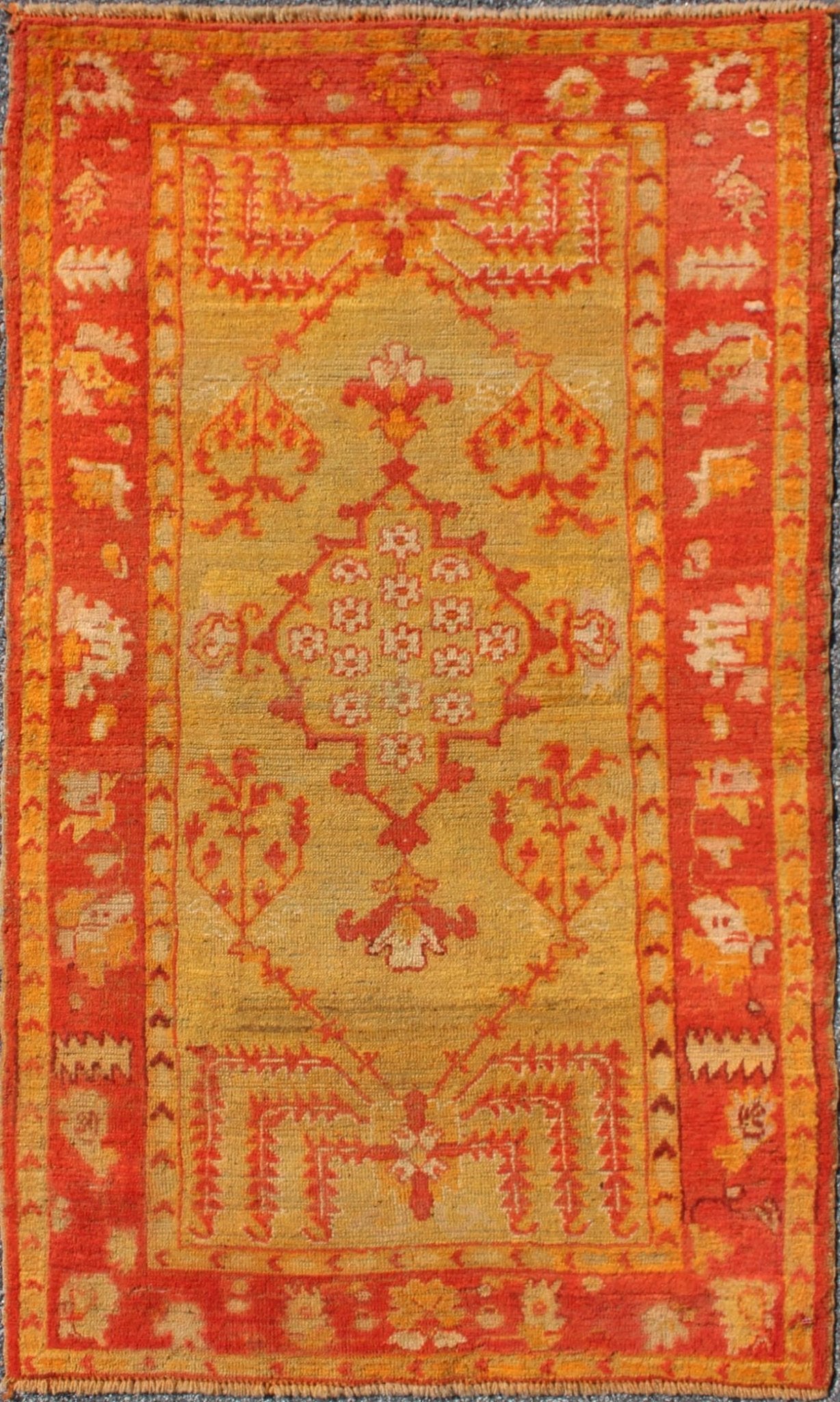 Antique Turkish Oushak Rug With Orange Red and Yellow - Green and Medallion Design. Small Antique Oushak, Keivan Woven Arts/ rug/L11 - 1102 origin/Turkey, Style/ Oushak, small antique Oushak rug. Measures: 3'1 x 5'3. The stylized motifs in th... - Keivan Woven ArtsL11 - 1102 - 2962Rug