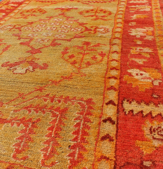 Antique Turkish Oushak Rug With Orange Red and Yellow - Green and Medallion Design. Small Antique Oushak, Keivan Woven Arts/ rug/L11 - 1102 origin/Turkey, Style/ Oushak, small antique Oushak rug. Measures: 3'1 x 5'3. The stylized motifs in th... - Keivan Woven ArtsL11 - 1102 - 2962Rug