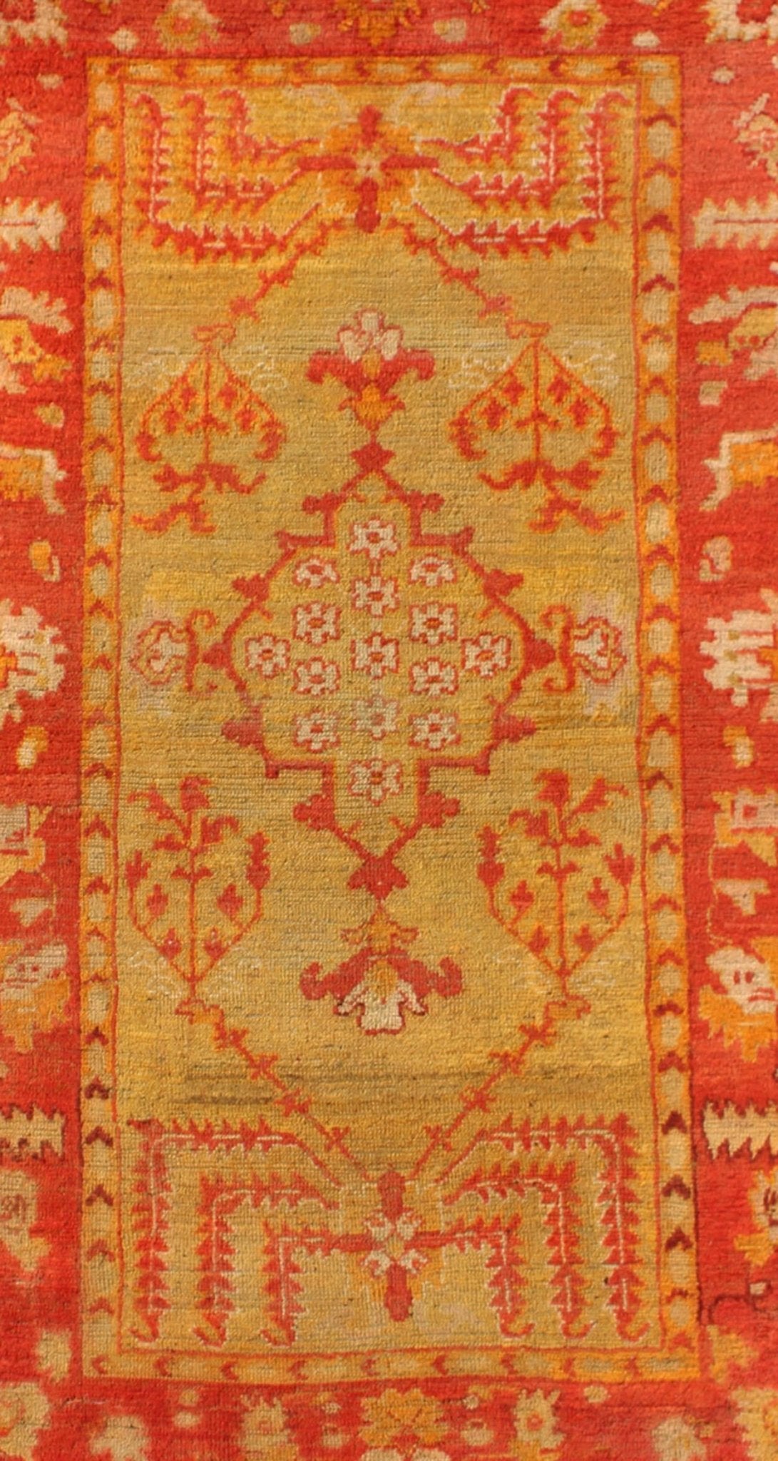Antique Turkish Oushak Rug With Orange Red and Yellow - Green and Medallion Design. Small Antique Oushak, Keivan Woven Arts/ rug/L11 - 1102 origin/Turkey, Style/ Oushak, small antique Oushak rug. Measures: 3'1 x 5'3. The stylized motifs in th... - Keivan Woven ArtsL11 - 1102 - 2962Rug