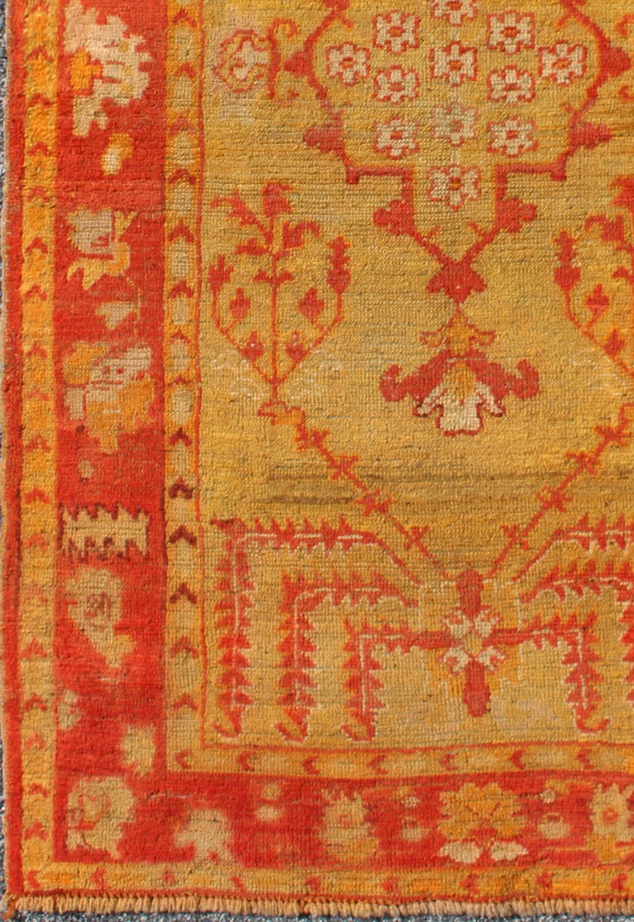Antique Turkish Oushak Rug With Orange Red and Yellow - Green and Medallion Design. Small Antique Oushak, Keivan Woven Arts/ rug/L11 - 1102 origin/Turkey, Style/ Oushak, small antique Oushak rug. Measures: 3'1 x 5'3. The stylized motifs in th... - Keivan Woven ArtsL11 - 1102 - 2962Rug