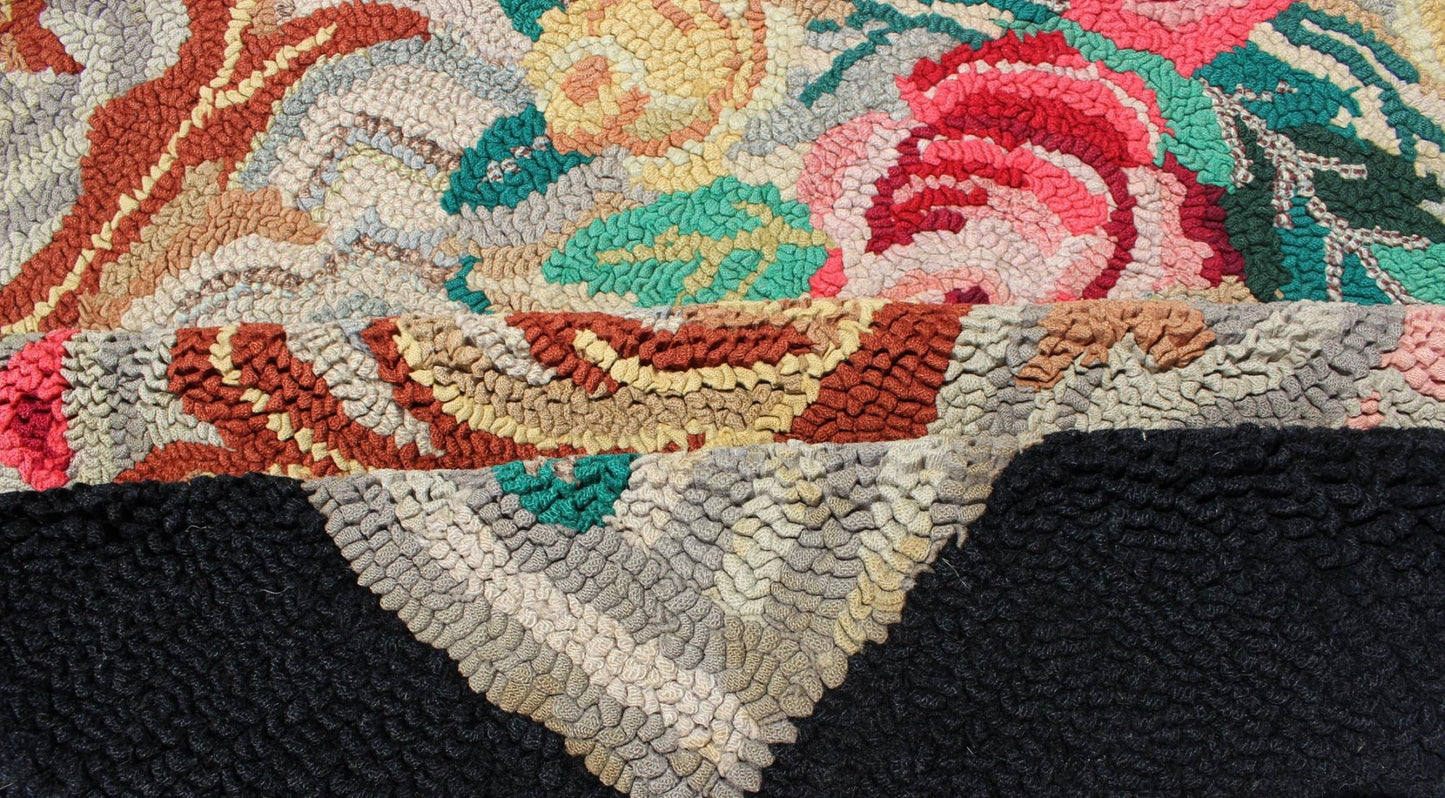 Charcoal, Red, and Green Antique American Hooked Rug with Large Flower Design Charcoal, red, and green antique American Hooked rug with large flower design, Keivan Woven Arts / rug L11 - 1105, country of origin / type: United States / Hooked, circ... - Keivan Woven ArtsL11 - 1105 - 2971Rug