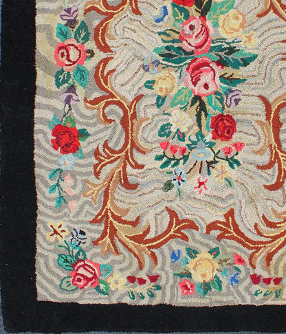 Charcoal, Red, and Green Antique American Hooked Rug with Large Flower Design Charcoal, red, and green antique American Hooked rug with large flower design, Keivan Woven Arts / rug L11 - 1105, country of origin / type: United States / Hooked, circ... - Keivan Woven ArtsL11 - 1105 - 2971Rug