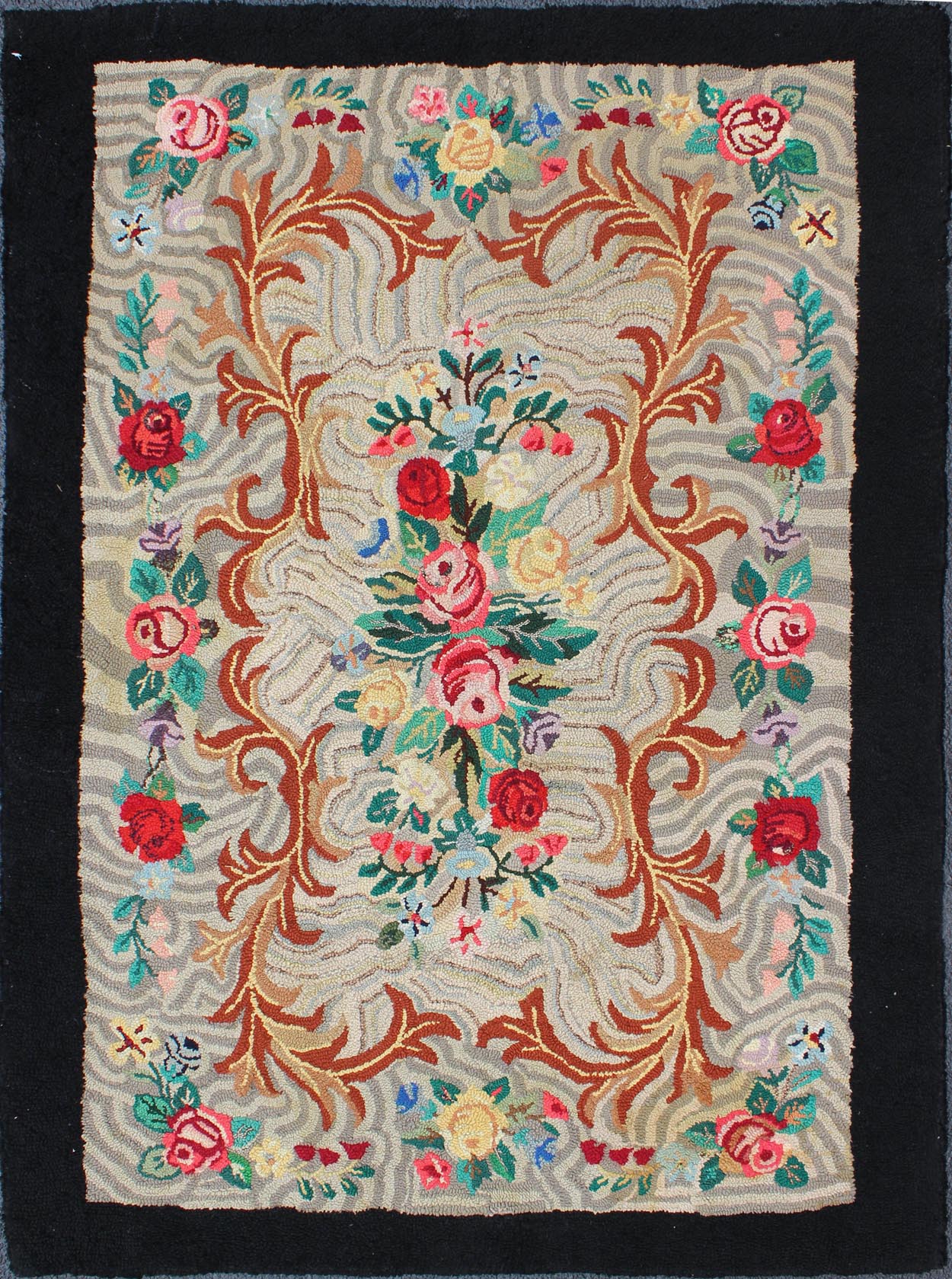 Charcoal, Red, and Green Antique American Hooked Rug with Large Flower Design Charcoal, red, and green antique American Hooked rug with large flower design, Keivan Woven Arts / rug L11 - 1105, country of origin / type: United States / Hooked, circ... - Keivan Woven ArtsL11 - 1105 - 2971Rug