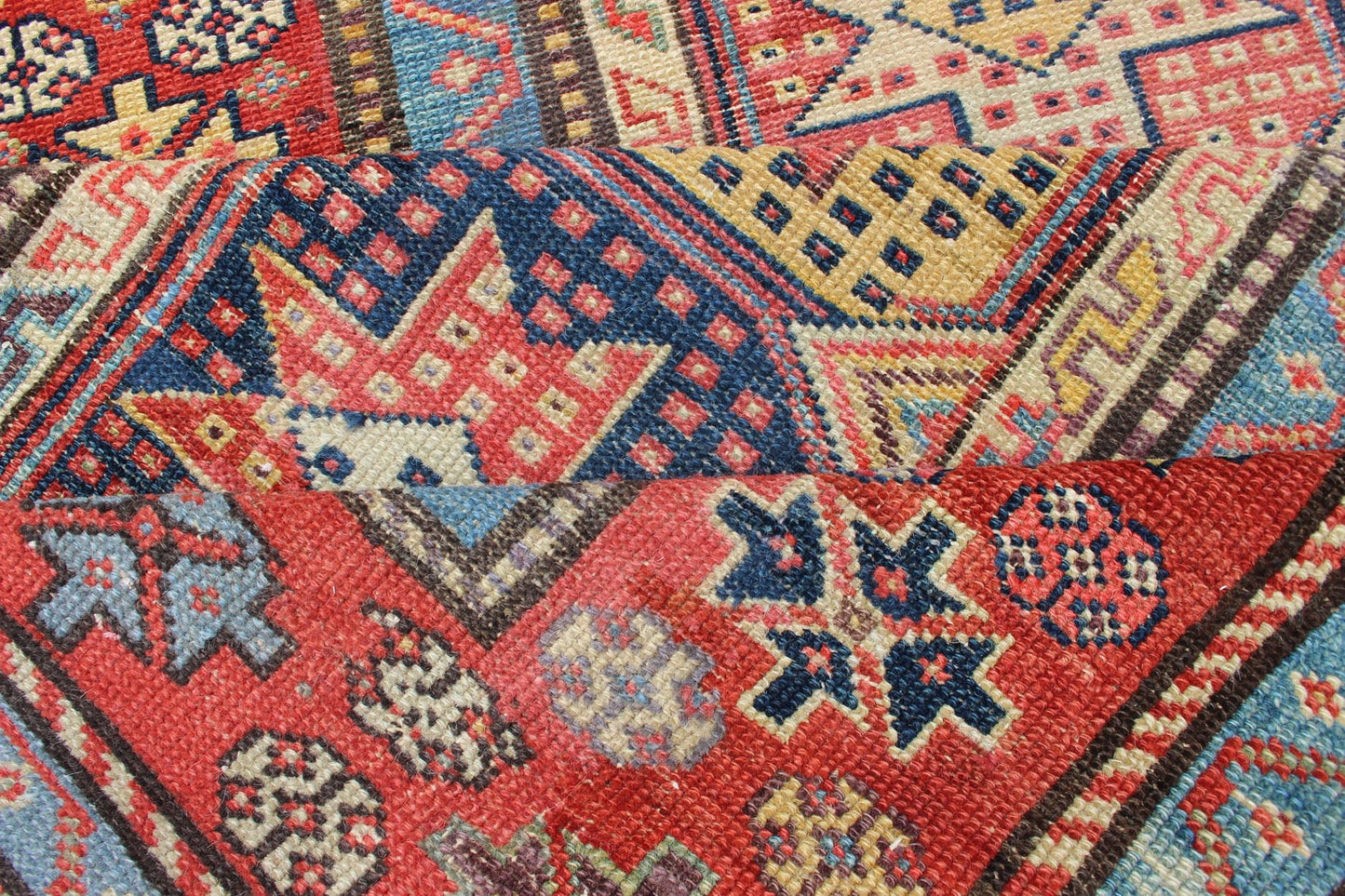 Antique Caucasian Kazak Runner with Medallions in Red, Blue, and Yellow. Keivan Woven Arts / rug L11 - 1205, country of origin / type: Iran / Tribal, circa 1900 Measures: 3'6 x 16. This antique Caucasian Kazak runner features multiple repeating med... - Keivan Woven ArtsL11 - 1205 - 7409Rug